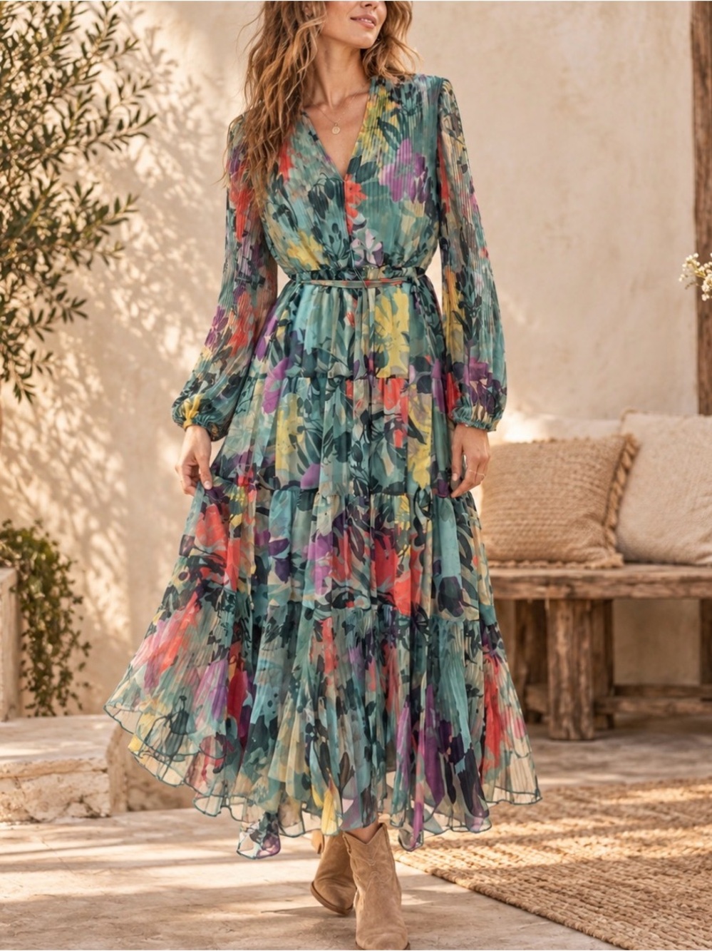 Alex Marie Multicolor Floral Pleated belted Dress